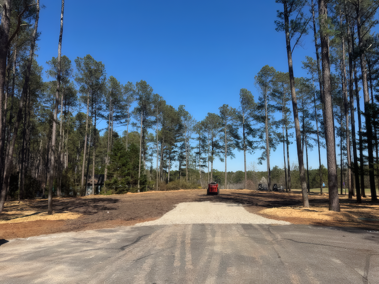 Area being cleared for a house to be put down. In the distance is a red vehicle and the surrounding pine trees are tall