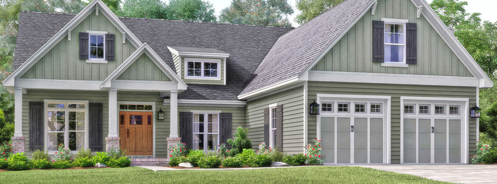 Beautiful green house with grey roof and large garage